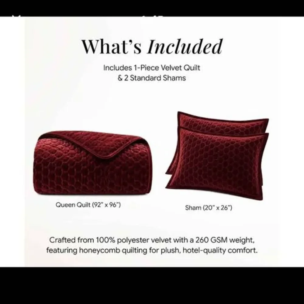 Plush Velvet Honeycomb Quilt Set in Burgundy with 2 Shams - new